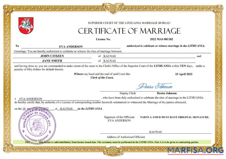 Printable Lithuania marriage certificate Word and PDF template